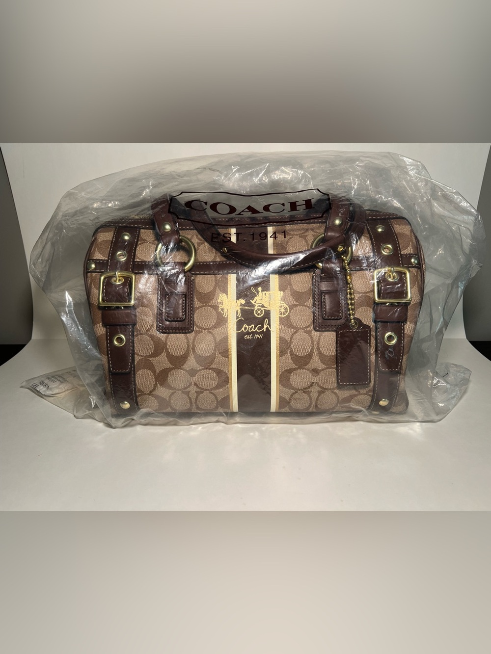 Coach Signature Stripe Barrel Satchel Bag Brown Leather Trim Large Zoe Style